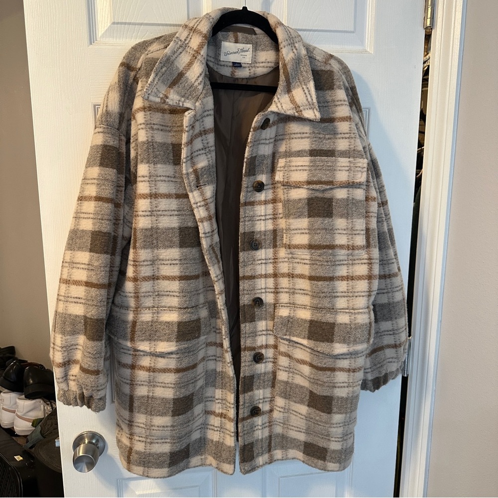 Universal Thread Plaid Shacket in Brown, White & Gray